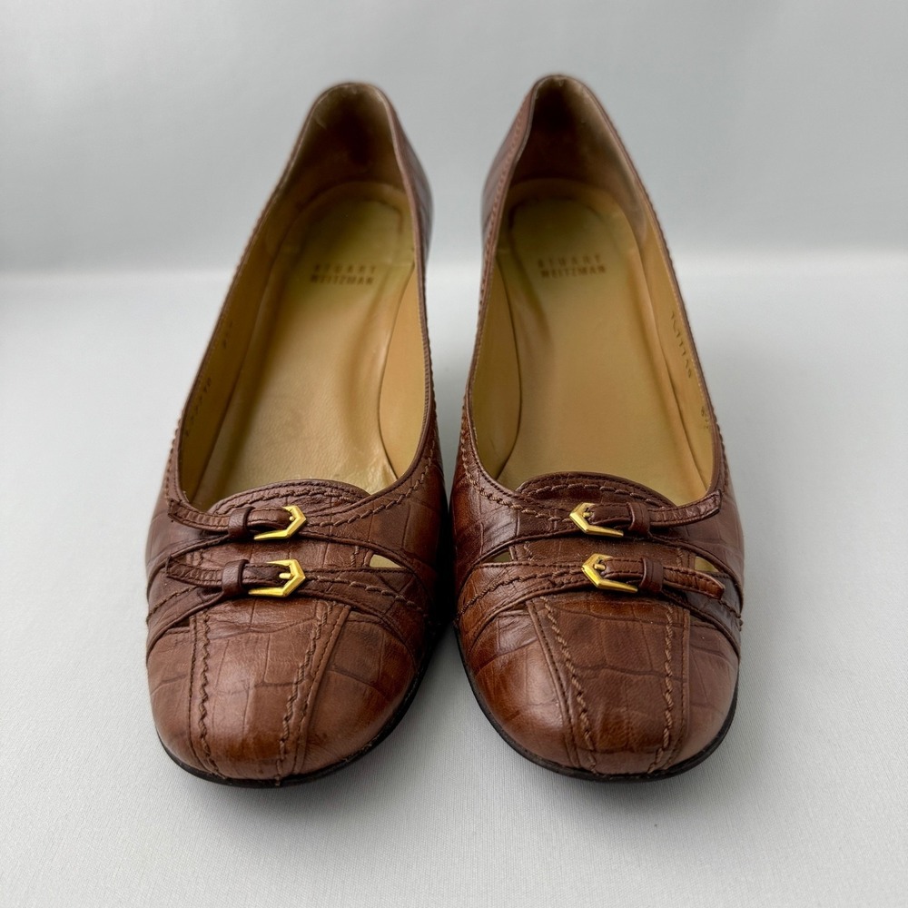 Stuart Weitzman Pumps Leather Croc Embossed Brown 8.5 M Kitten Heel Spain